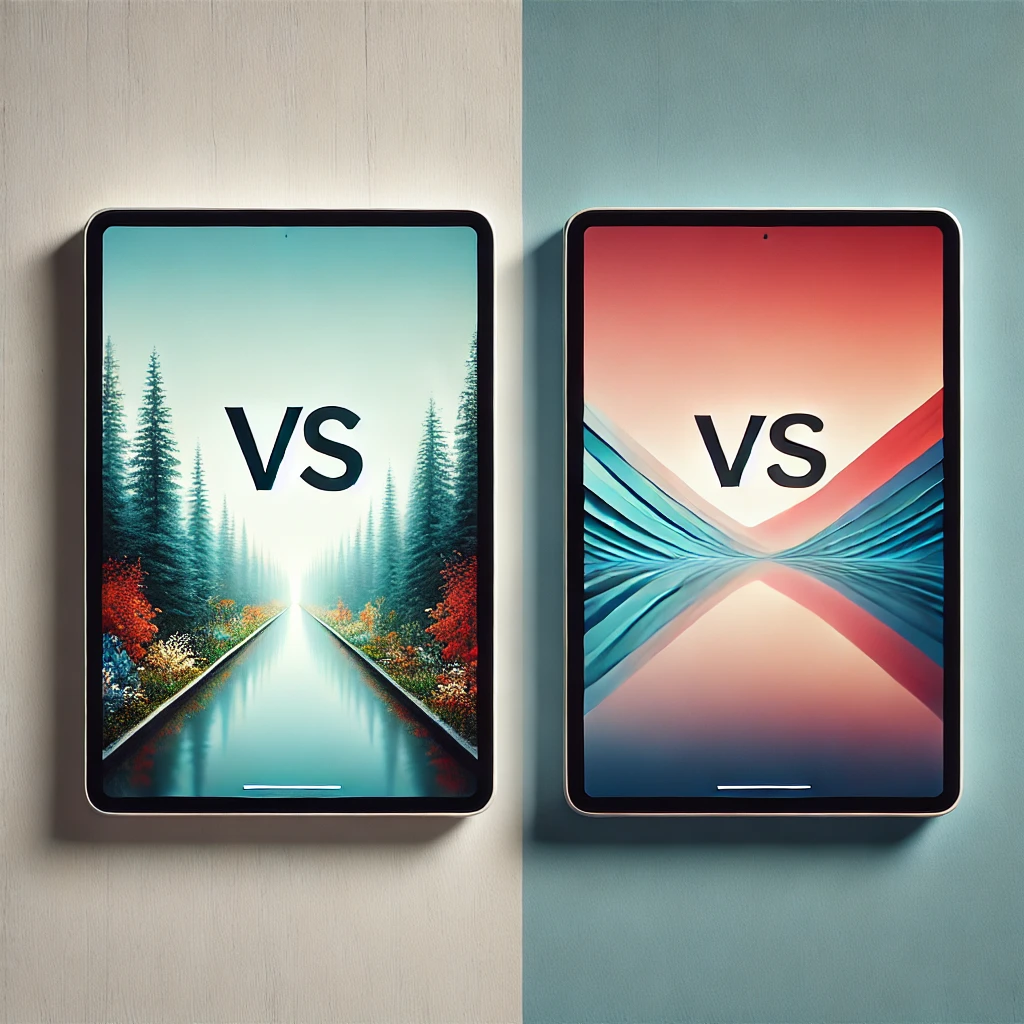 DALL·E 2025-03-30 11.05.08 - A modern and minimalistic image showing two tablets side by side on a clean, neutral background. Each tablet displays a simple, colorful image (e.g., Vergleichen Sie Tablets